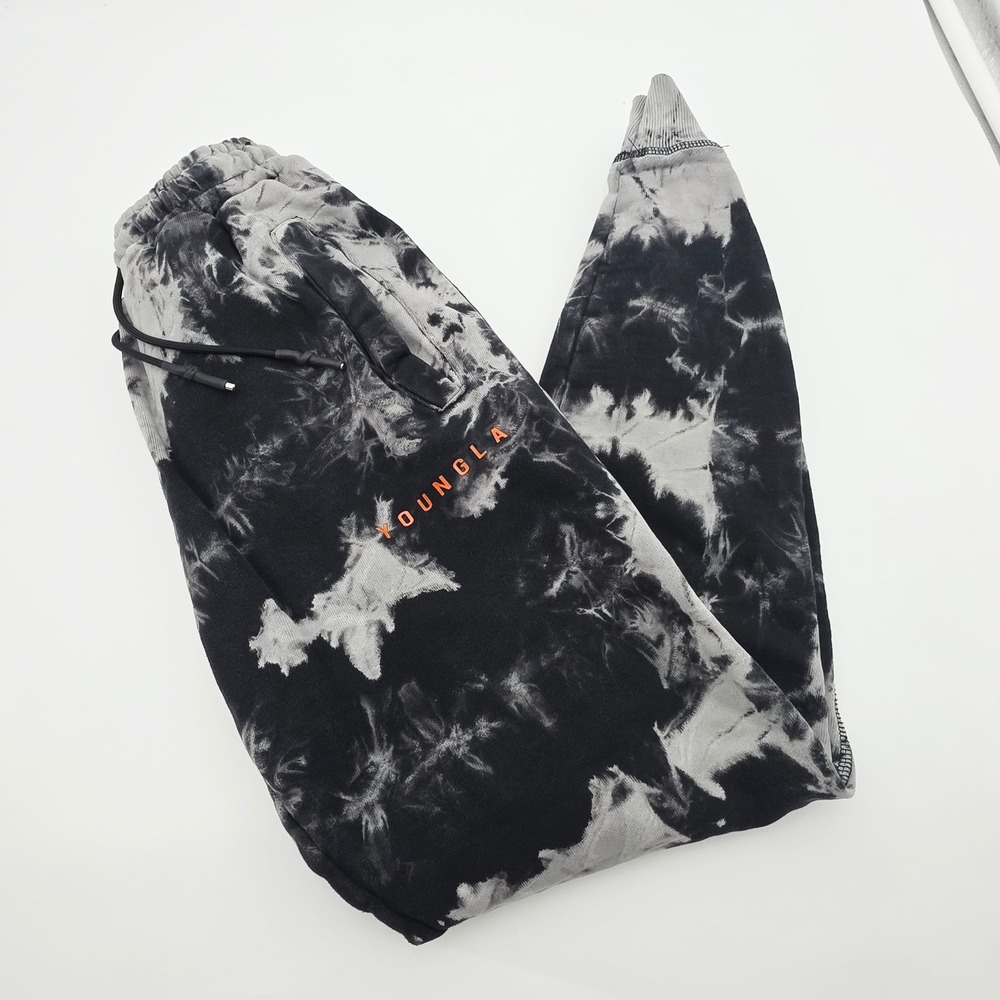 YoungLA 232 Mens Joggers Small Black Gray Tie Dye Acid Was Sweatpants Cotton